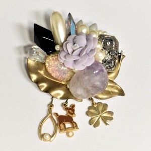 Vintage Artisan Amethyst Porcelain Flower Brooch